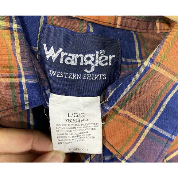 Wrangler Shirt Mens Large Orange Blue Plaid Pearl Western Cowboy Vintage 80s - Picture 13 of 15